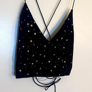 Black velvet tie-back crop top with small gold stars 🌟